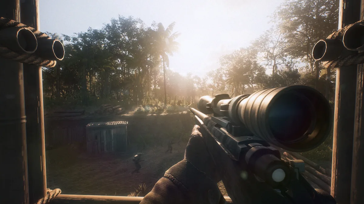 Marksman aiming through dense jungle canopy