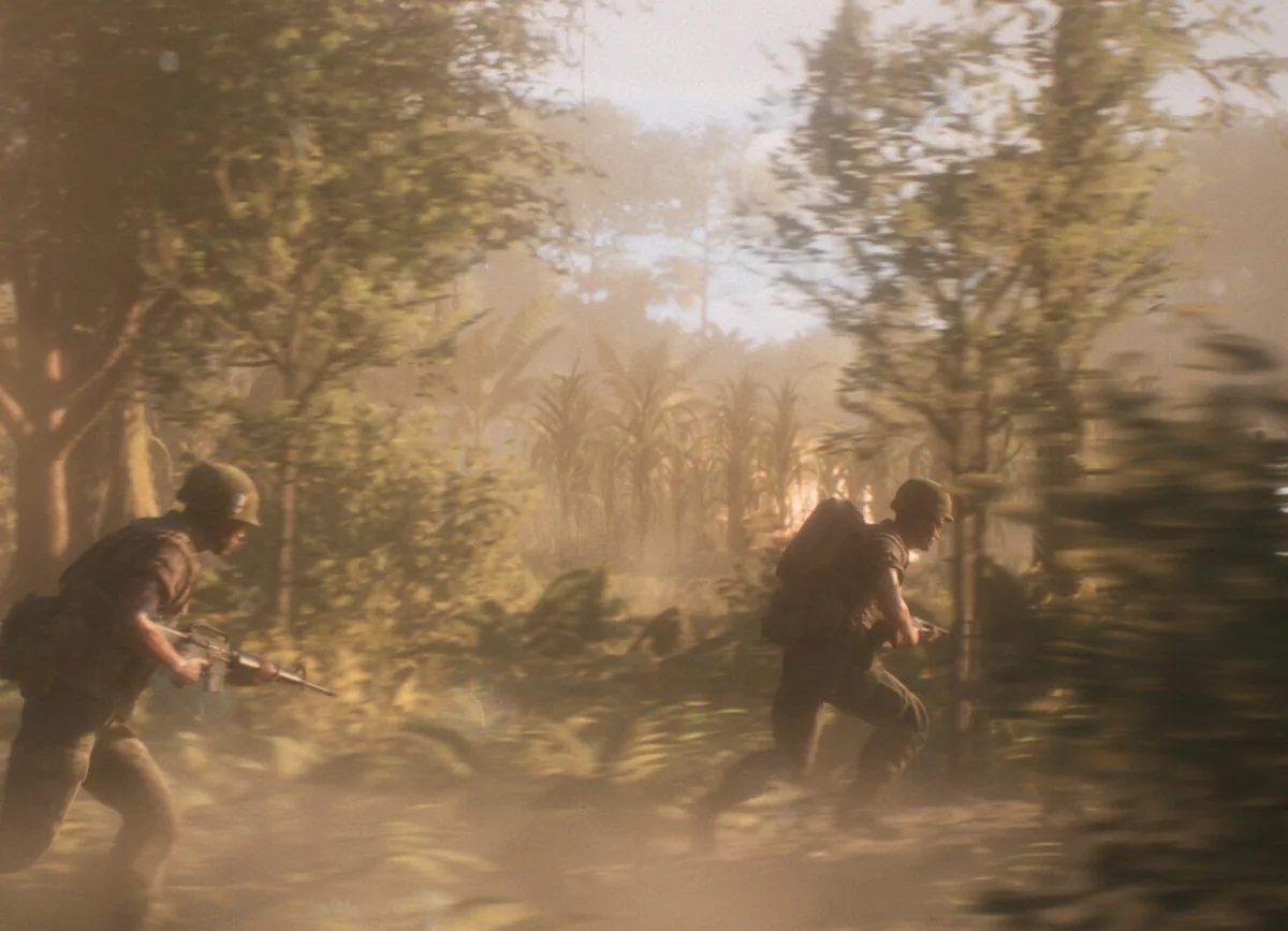 Sunlit advance through broken jungle cover